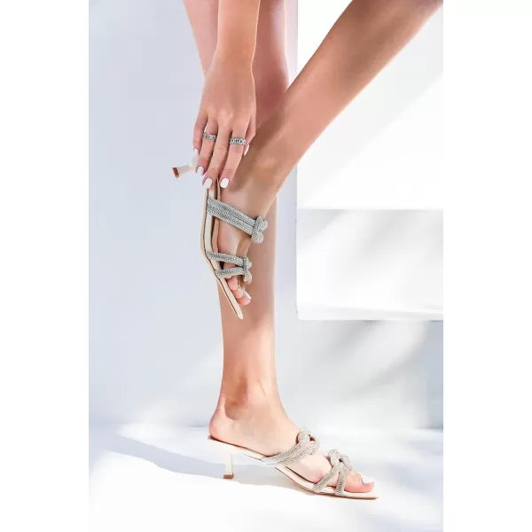 Coutgo Womens Kitten Heel Sandals Mules Rhinestone Slip on Low Heels Open Square Toe Dressy Summer Wedding Party Shoes