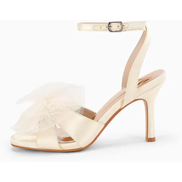 Coutgo Womens Lace Bow Heels Sandals Open Square Toe Stiletto High Heel Ankle Strap Bride Wedding Dress Shoes
