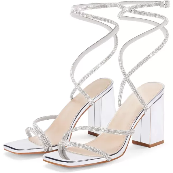 Coutgo Womens Lace Up Chunky Heels Rhinestone Sandals Square Open Toe High Block Heeled Wedding Dress Shoes