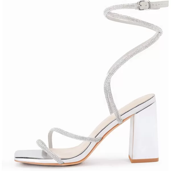 Coutgo Womens Lace Up Chunky Heels Rhinestone Sandals Square Open Toe High Block Heeled Wedding Dress Shoes