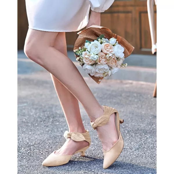 Coutgo Womens Low Kitten Heel Dress Shoes Bowknot Heels Pointed Toe Slip On Ankle Strap Party Shoes