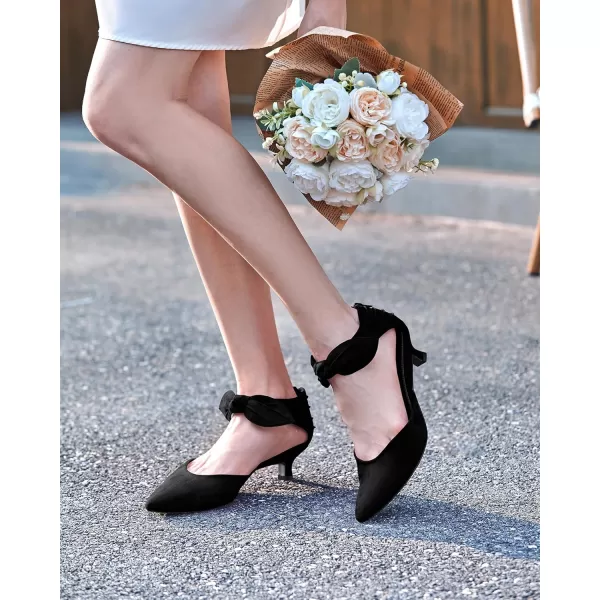 Coutgo Womens Low Kitten Heel Dress Shoes Bowknot Heels Pointed Toe Slip On Ankle Strap Party Shoes
