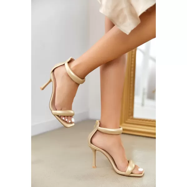 Coutgo Women's One Strap Heeled Sandals Square Open Toe Stiletto Heels Ankle Buckle Strap Summer Pump Shoes
