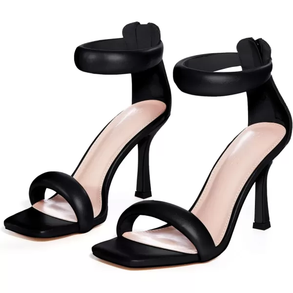 Coutgo Women's One Strap Heeled Sandals Square Open Toe Stiletto Heels Ankle Buckle Strap Summer Pump Shoes