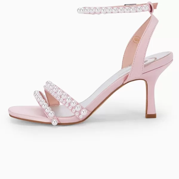 Coutgo Womens Pearl Kitten Heels Sandals Square Open Toe Dress Sandals Ankle Strap Satin Wedding Party Summer Sandals