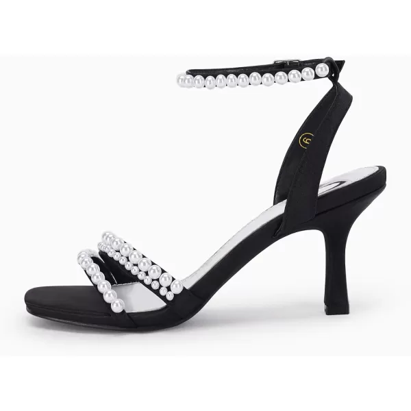 Coutgo Womens Pearl Kitten Heels Sandals Square Open Toe Dress Sandals Ankle Strap Satin Wedding Party Summer Sandals