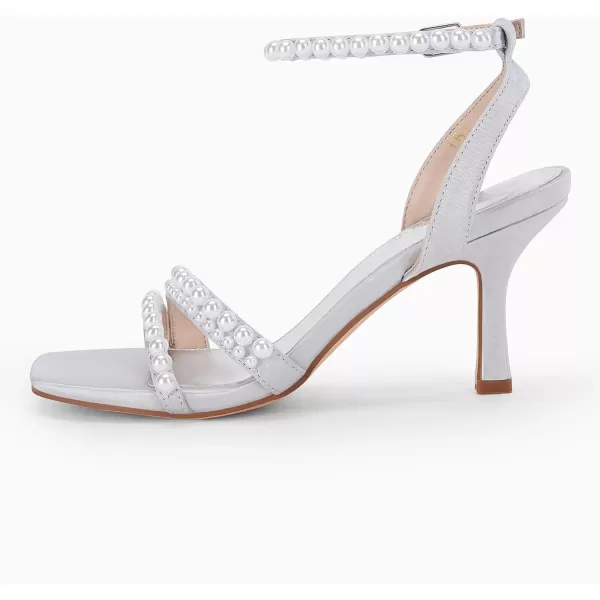Coutgo Womens Pearl Kitten Heels Sandals Square Open Toe Dress Sandals Ankle Strap Satin Wedding Party Summer Sandals
