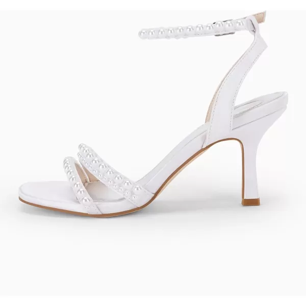 Coutgo Womens Pearl Kitten Heels Sandals Square Open Toe Dress Sandals Ankle Strap Satin Wedding Party Summer Sandals