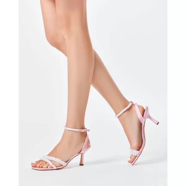 Coutgo Womens Pearl Kitten Heels Sandals Square Open Toe Dress Sandals Ankle Strap Satin Wedding Party Summer Sandals