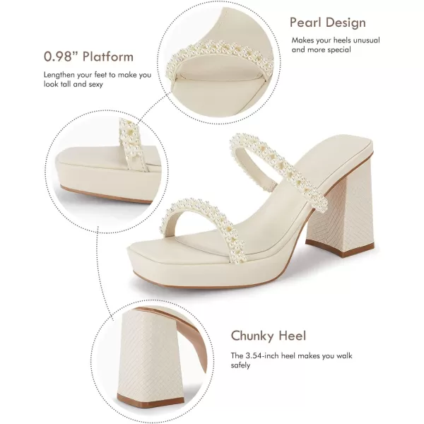 Coutgo Women's Pearl Sandals Platform Chunky High Heels Square Open Toe Strappy Slip On Slides