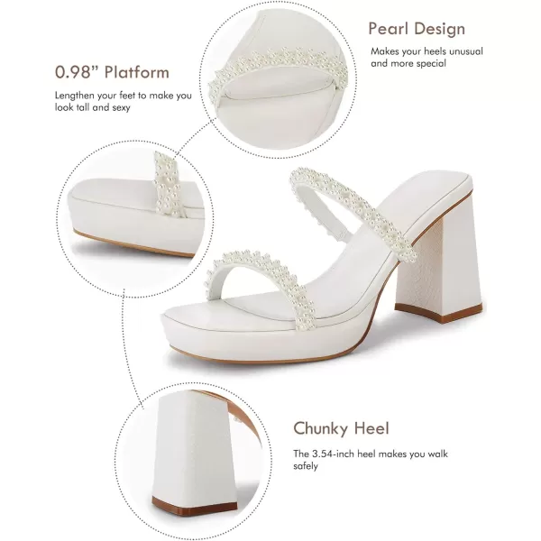 Coutgo Women's Pearl Sandals Platform Chunky High Heels Square Open Toe Strappy Slip On Slides