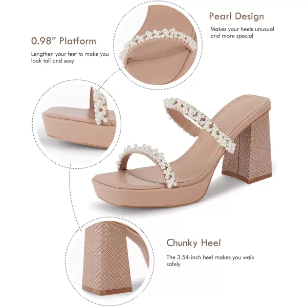 Coutgo Women's Pearl Sandals Platform Chunky High Heels Square Open Toe Strappy Slip On Slides