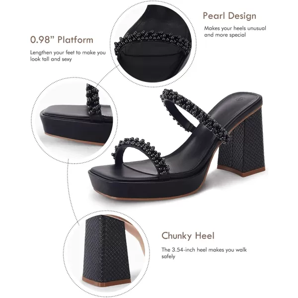 Coutgo Women's Pearl Sandals Platform Chunky High Heels Square Open Toe Strappy Slip On Slides