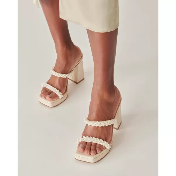 Coutgo Women's Pearl Sandals Platform Chunky High Heels Square Open Toe Strappy Slip On Slides