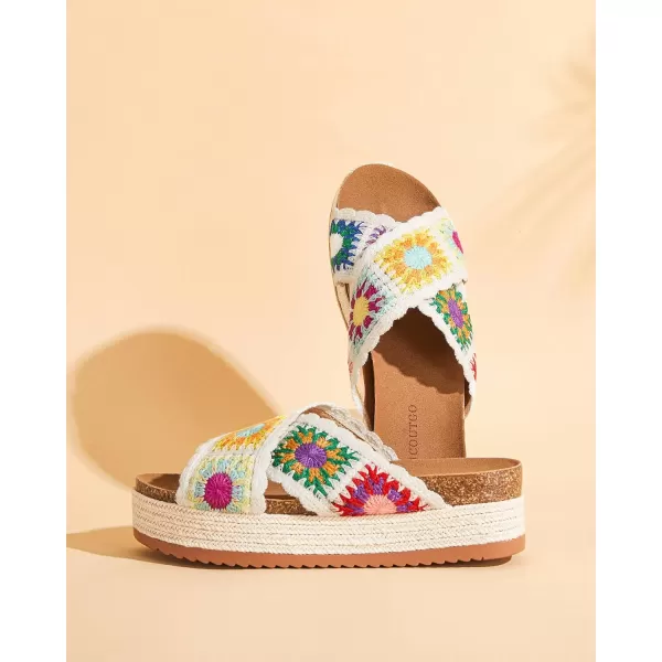 Coutgo Womens Platform Espadrille Sandals Flatform Floral Crochet Cork Open Toe Summer Beach Slide Sandals