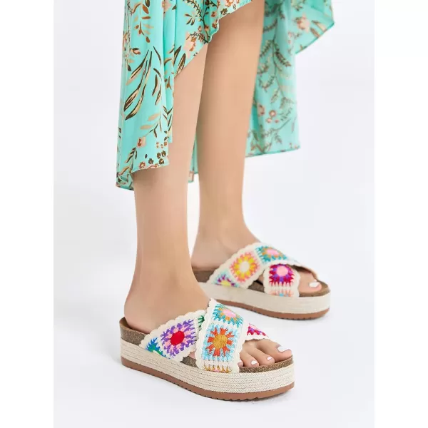 Coutgo Womens Platform Espadrille Sandals Flatform Floral Crochet Cork Open Toe Summer Beach Slide Sandals