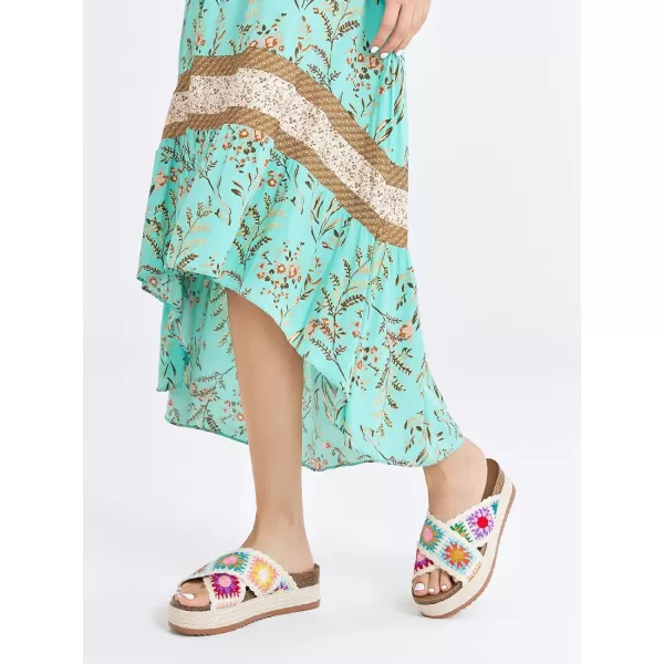 Coutgo Womens Platform Espadrille Sandals Flatform Floral Crochet Cork Open Toe Summer Beach Slide Sandals