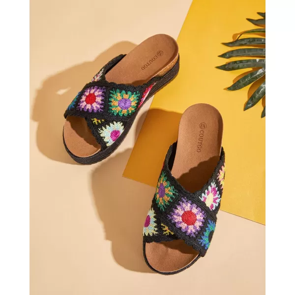 Coutgo Womens Platform Espadrille Sandals Flatform Floral Crochet Cork Open Toe Summer Beach Slide Sandals