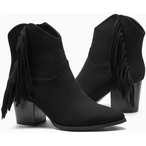 Coutgo Women's Pointed Toe Ankle Boots Chunky Block Heel Side Tassel Western Winter Booties With Zipper