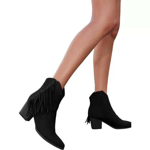 Coutgo Women's Pointed Toe Ankle Boots Chunky Block Heel Side Tassel Western Winter Booties With Zipper