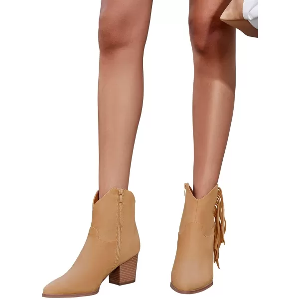 Coutgo Women's Pointed Toe Ankle Boots Chunky Block Heel Side Tassel Western Winter Booties With Zipper