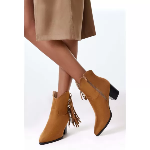 Coutgo Women's Pointed Toe Ankle Boots Chunky Block Heel Side Tassel Western Winter Booties With Zipper