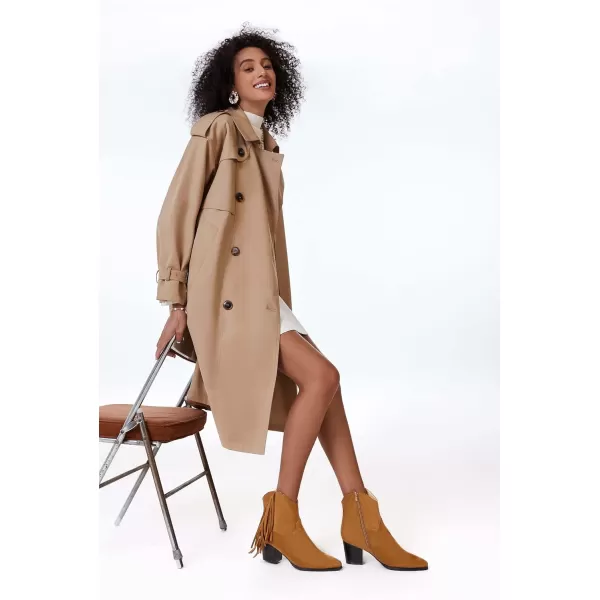 Coutgo Women's Pointed Toe Ankle Boots Chunky Block Heel Side Tassel Western Winter Booties With Zipper