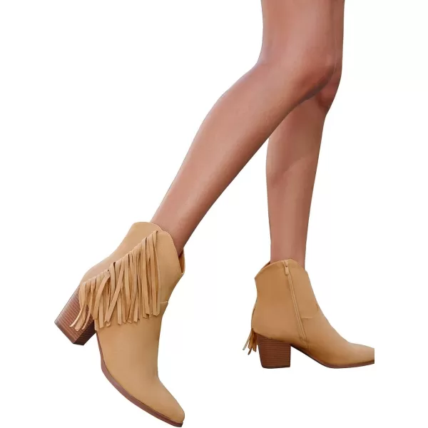 Coutgo Women's Pointed Toe Ankle Boots Chunky Block Heel Side Tassel Western Winter Booties With Zipper