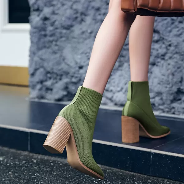 Coutgo Women's Sock Ankle Boots Pointed Toe Chunky High Stacked Heel Pull On Ribbed Knit Chelsea Boots Booties