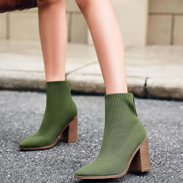 Coutgo Women's Sock Ankle Boots Pointed Toe Chunky High Stacked Heel Pull On Ribbed Knit Chelsea Boots Booties