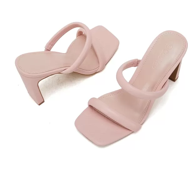 Coutgo Womens Square Open Toe Heeled Sandals Two Strap High Heel Backless Dress Slip On Mules
