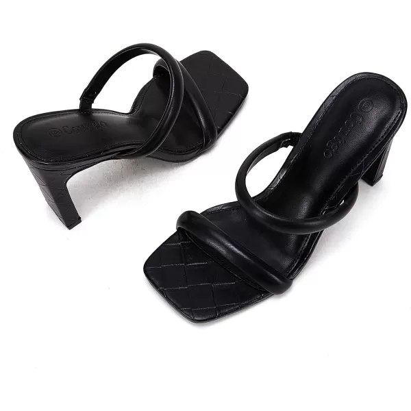 Coutgo Womens Square Open Toe Heeled Sandals Two Strap High Heel Backless Dress Slip On Mules