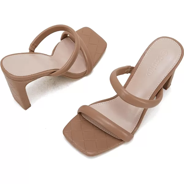 Coutgo Womens Square Open Toe Heeled Sandals Two Strap High Heel Backless Dress Slip On Mules
