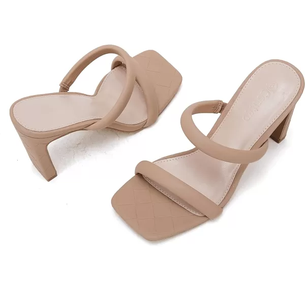 Coutgo Womens Square Open Toe Heeled Sandals Two Strap High Heel Backless Dress Slip On Mules