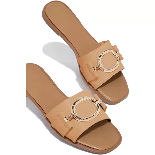 Coutgo Womens Square Toe Dressy Summer Slide Sandals Flat Low Heel Big Metal Chain Slip On Party Slippers Shoes