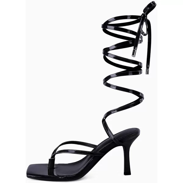 Coutgo Womens Strappy Thong Heels Sandals Sexy Lace up Wrap Ankle Strap Square Toe High Heeled Dress Summer Party Shoes