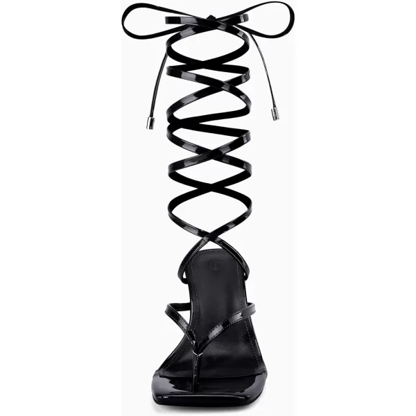 Coutgo Womens Strappy Thong Heels Sandals Sexy Lace up Wrap Ankle Strap Square Toe High Heeled Dress Summer Party Shoes