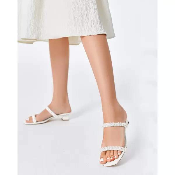 Womens Pearl Square Open toe Heels Sandals Chunky Low Heels Two Band Backless Slides Summer Wedding Party Dress Shoes