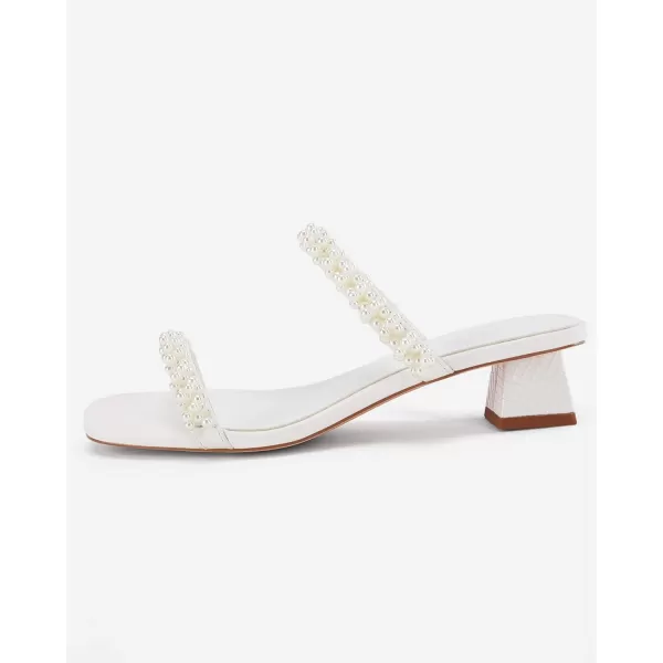 Womens Pearl Square Open toe Heels Sandals Chunky Low Heels Two Band Backless Slides Summer Wedding Party Dress Shoes
