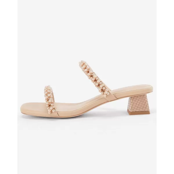 Womens Pearl Square Open toe Heels Sandals Chunky Low Heels Two Band Backless Slides Summer Wedding Party Dress Shoes