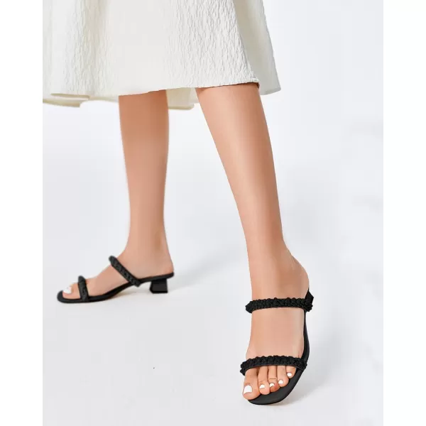 Womens Pearl Square Open toe Heels Sandals Chunky Low Heels Two Band Backless Slides Summer Wedding Party Dress Shoes