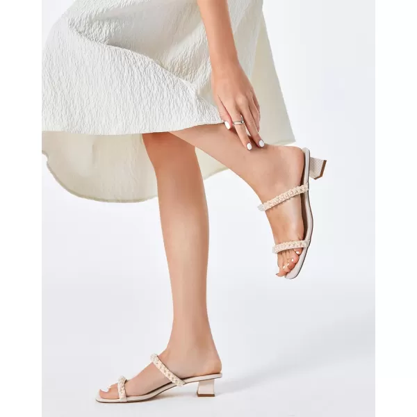Womens Pearl Square Open toe Heels Sandals Chunky Low Heels Two Band Backless Slides Summer Wedding Party Dress Shoes