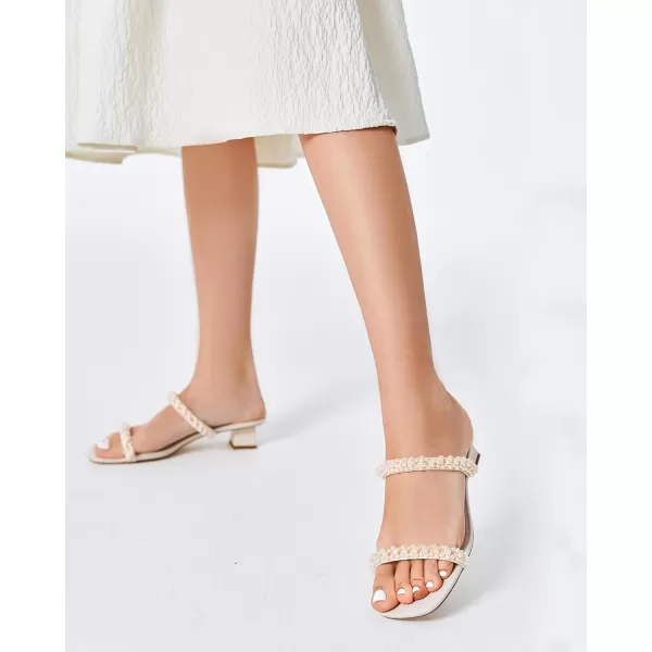Womens Pearl Square Open toe Heels Sandals Chunky Low Heels Two Band Backless Slides Summer Wedding Party Dress Shoes
