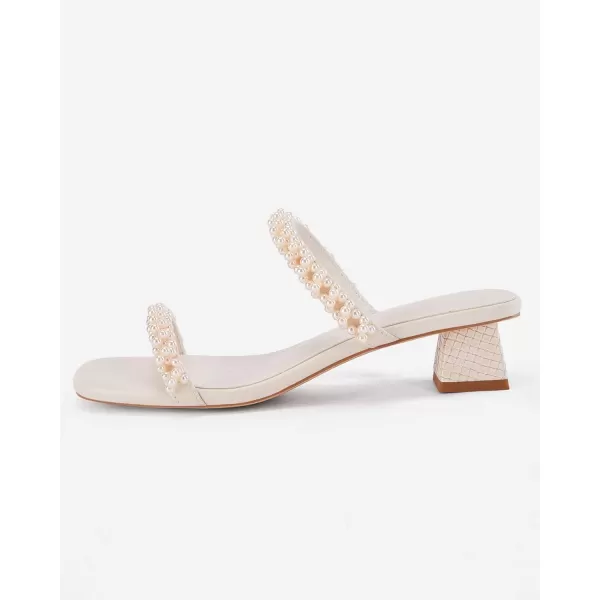Womens Pearl Square Open toe Heels Sandals Chunky Low Heels Two Band Backless Slides Summer Wedding Party Dress Shoes