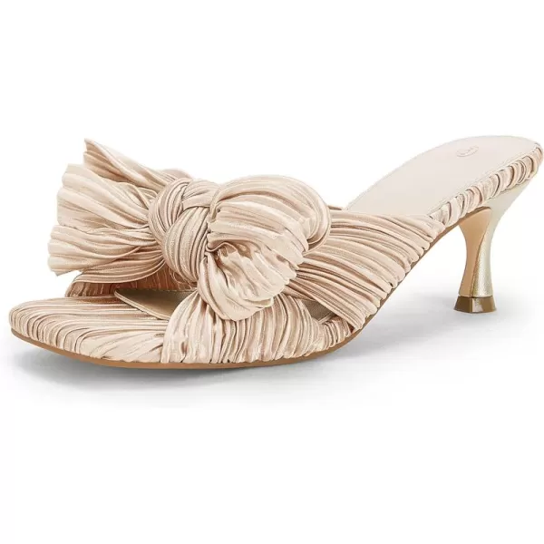 Coutgo Womens Bow Heeled Sandals Pleated Bowknot Heels Open Square Toe Cute Kitten Heel Mules Slip On Wedding Dress Shoes