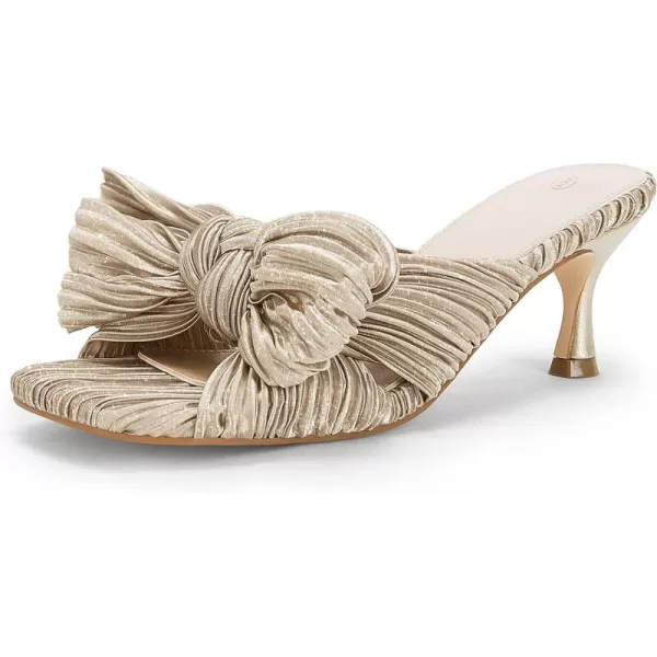 Coutgo Womens Bow Heeled Sandals Pleated Bowknot Heels Open Square Toe Cute Kitten Heel Mules Slip On Wedding Dress Shoes