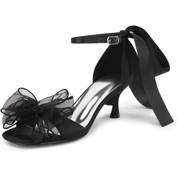 Coutgo Womens Bow Kitten Heels Sandals Square Open Toe Ankle Strap Satin Ribbon Wedding Dress Shoes