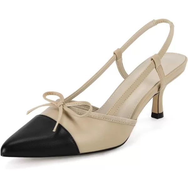 Coutgo Women's Bow Tie Slingback Pumps Pointed Toe Kitten Low Heel Patchwork Dress Heeled Sandals