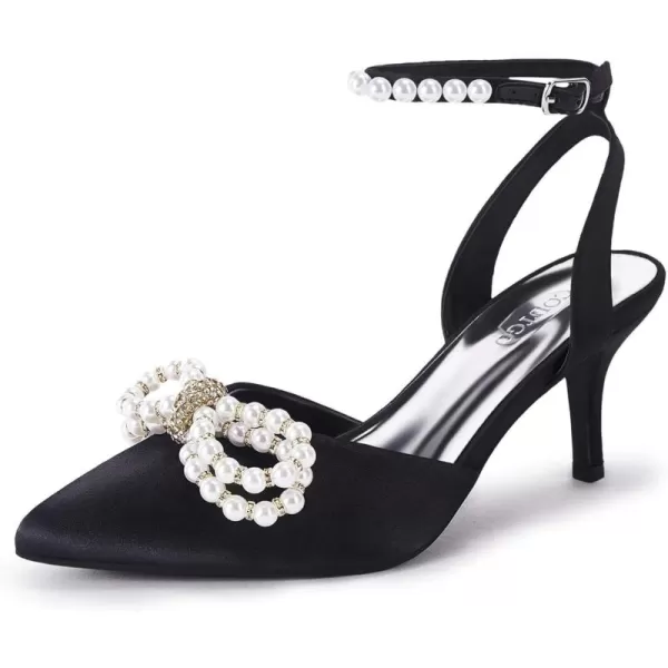 Coutgo Womens Bowknot Heels Pumps Stiletto Closed Pointed Toe Pearl Ankle Strap Wedding Dress Shoes