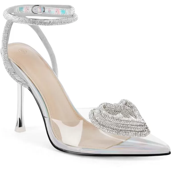 Coutgo Womens Clear High Heels Rhinestone Triple Heart Strappy Heels Closed Toe Sexy Stiletto Pumps Wedding Dress Shoes